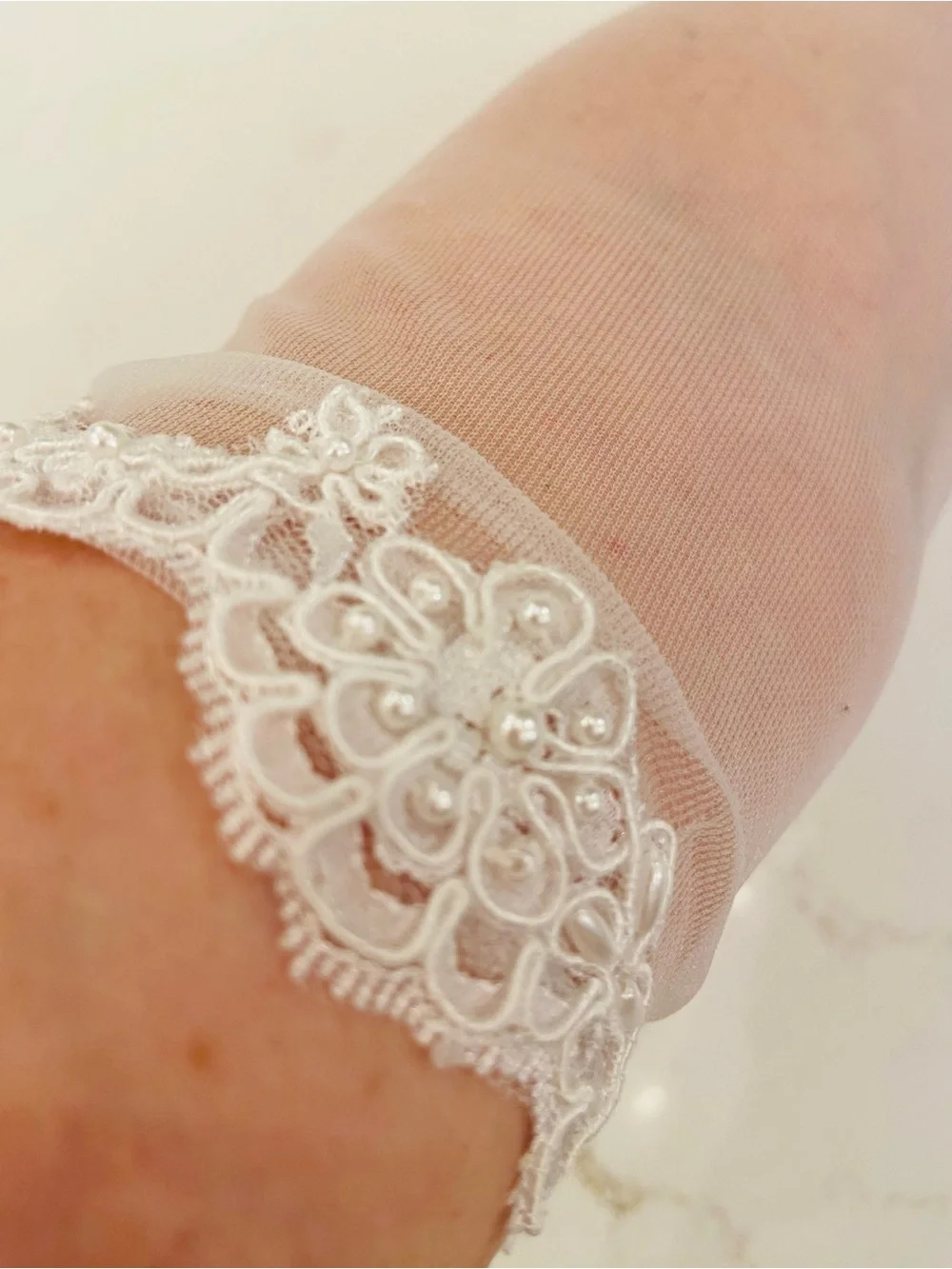 Vintage Fingerless Bridal Gloves White Sheer Mesh w/ Beaded Accents Elbow Length